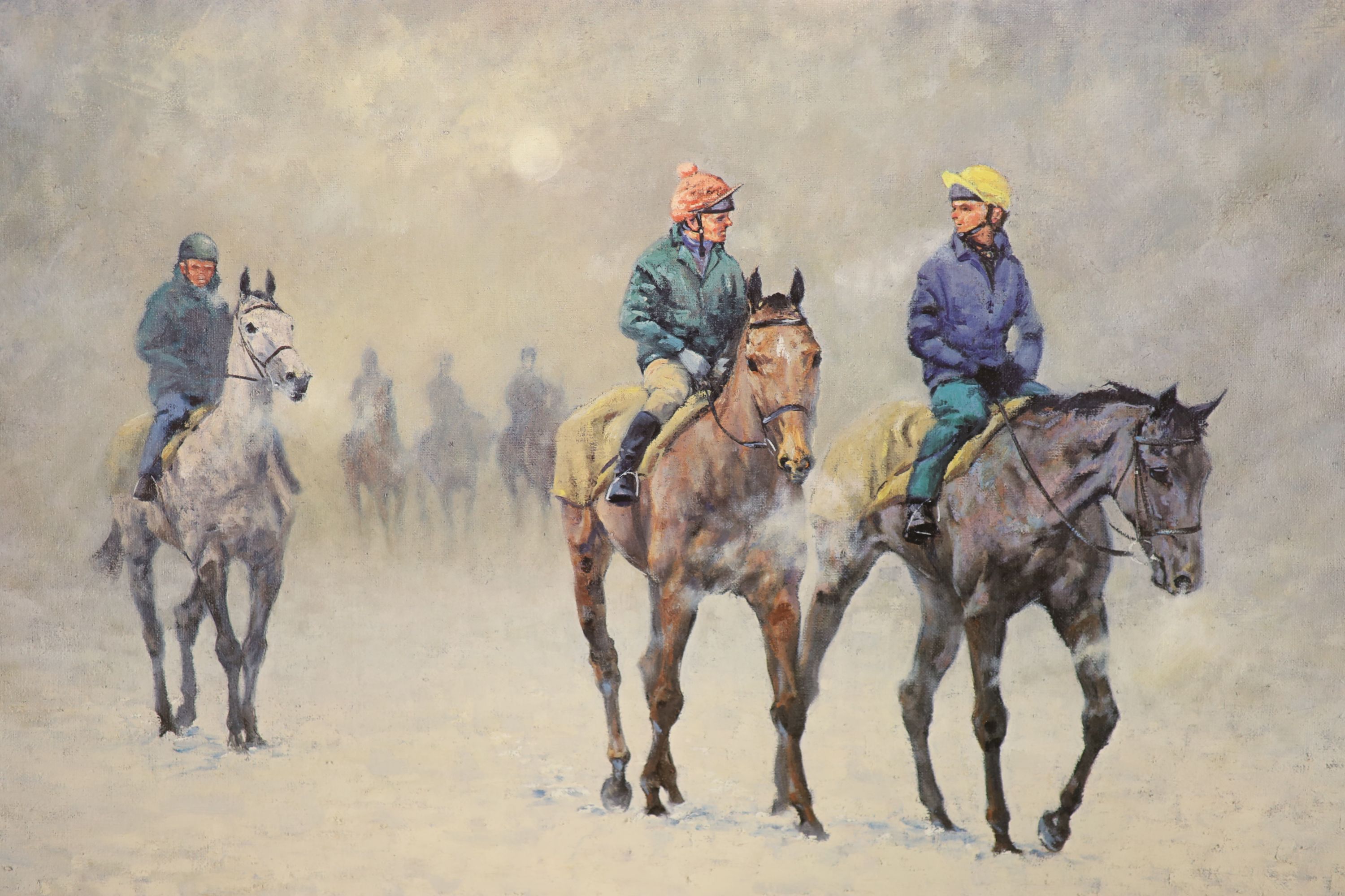 A group of pictures and prints, including a screenprint of the Cote D'Azur and horse racing subjects